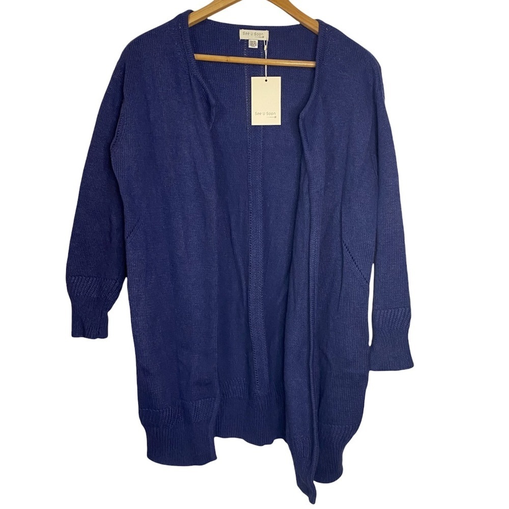 See U Soon Navy Blue Angrora Blend Knit Long Cardigan Pockets Medium Large